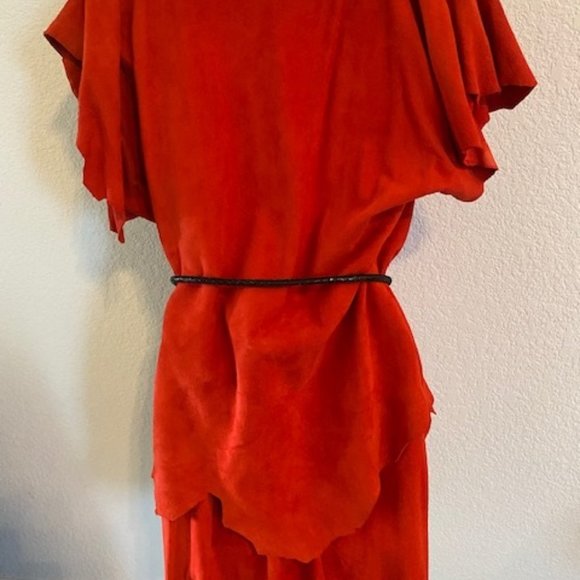 Designer Sample 3pc RED Suede LEATHER Ragged Edge TOP SKIRT &BLACK Snake BELT ~M - Picture 6 of 14
